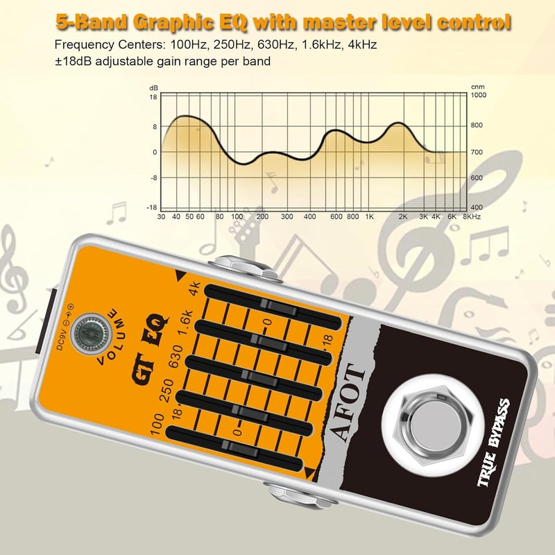 AFOT Guitar EQ Pedal, 5 Band GT EQ Pedal Electric Guitar Equalizer (100Hz 250Hz 630Hz 1.6kHz 4kHz) Provides ±18dB for Each Band EQ Seeker for Guitar,Mini Size True Bypass - Image 3